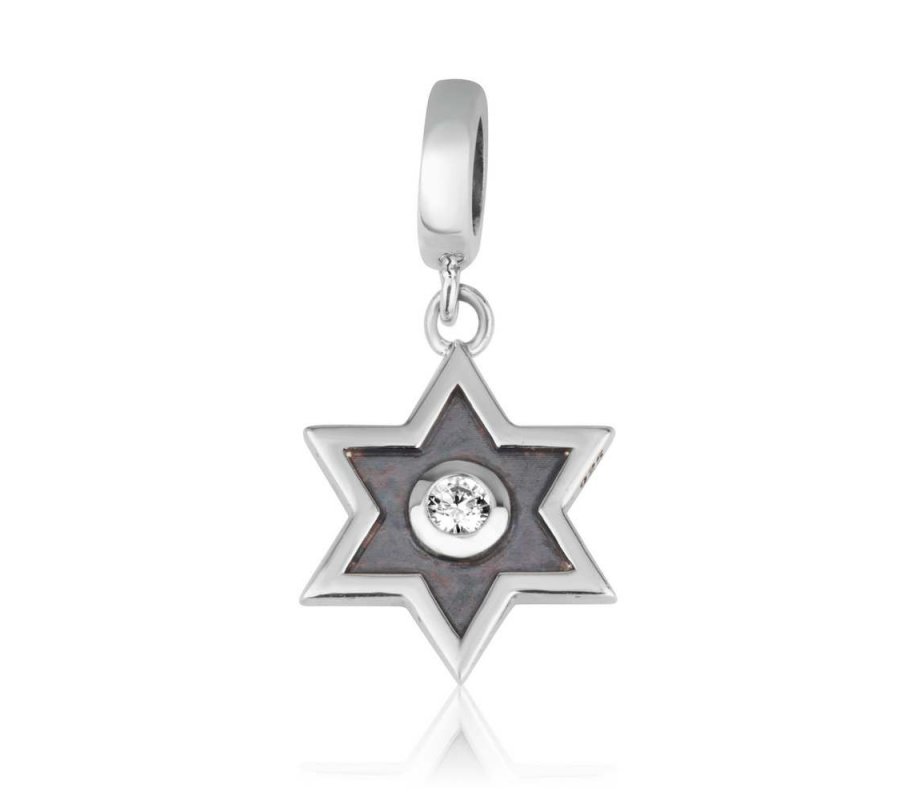 Bracelet Charm, Enamel Star of David with Crystal Center - Sterling Silver