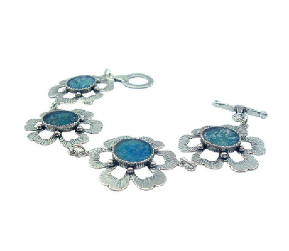 Bracelet of Hammered Sterling Silver Petalled Flowers with Roman Glass Center