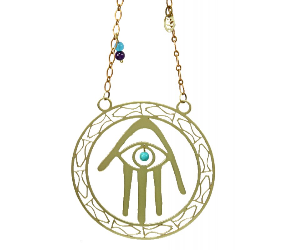 Brass Wall Hanging Hamsa Hand Blue Eye - Fish by Shraga Landesman