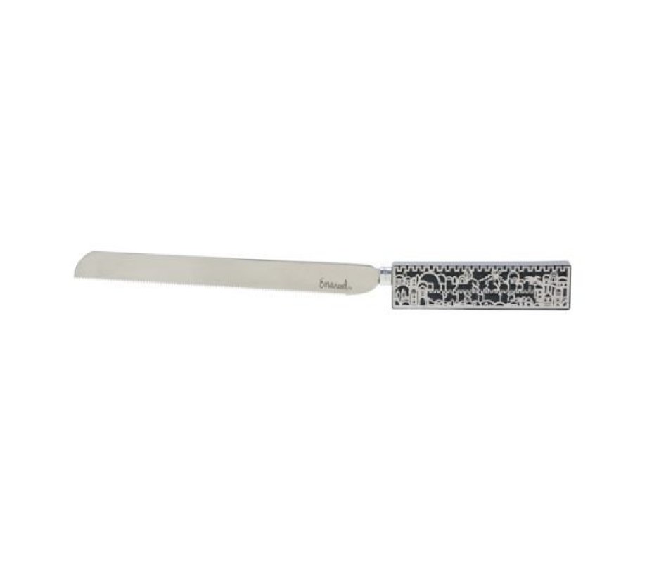 Challah Knife Cutout Jerusalem Design on Handle, Gray - Yair Emanuel