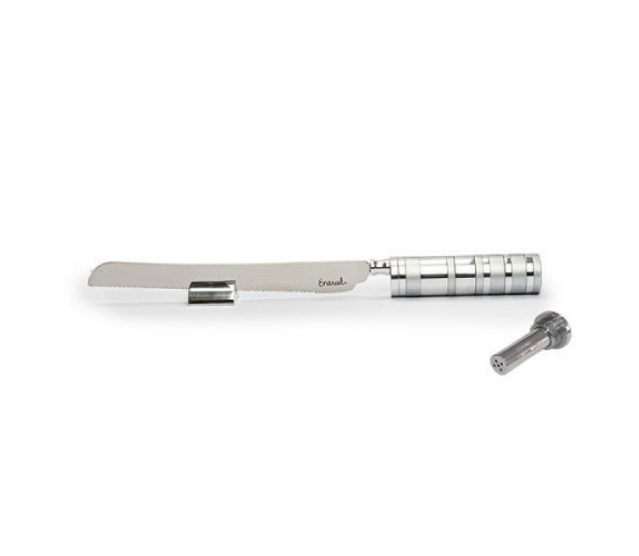 Challah Knife with Mini Salt Shaker and Handle, Silver Handle - Yair Emanuel