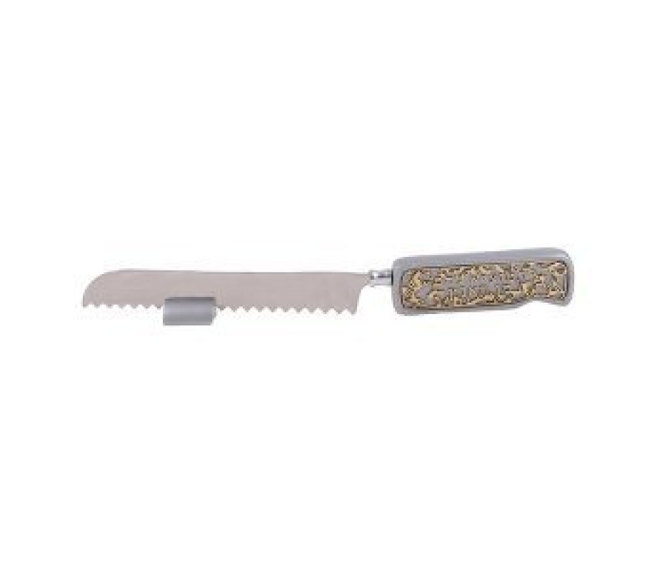 Challah Knife with Stand, Decorative Handle with Gold Cutout Design - Yair Emanuel