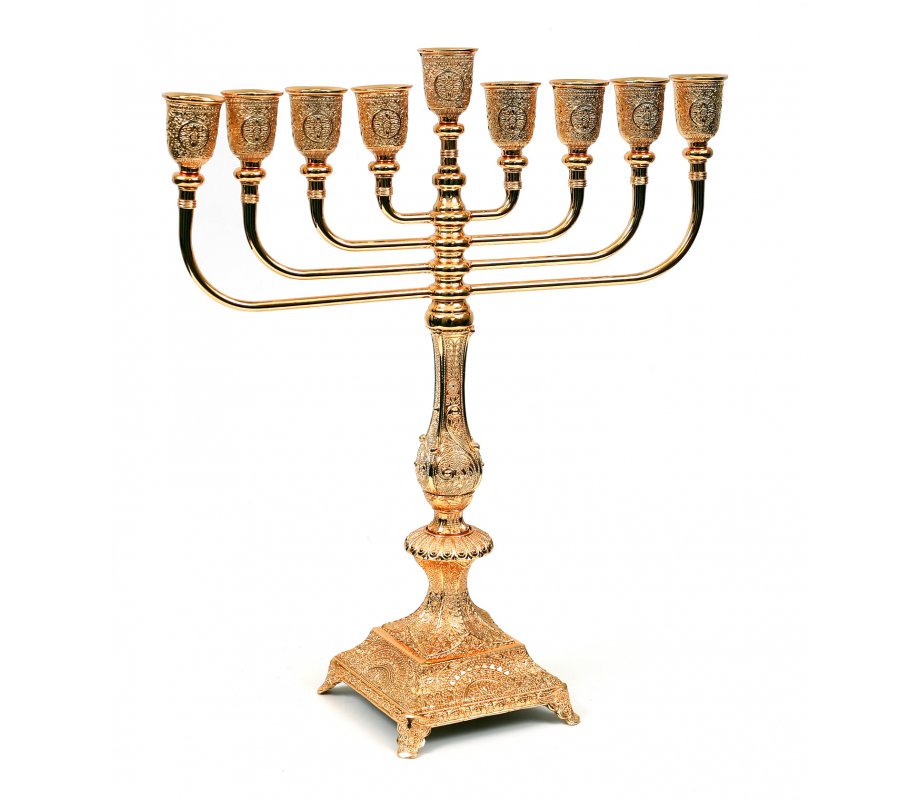Chanukah Menorah in Gold Color with Filigree Design