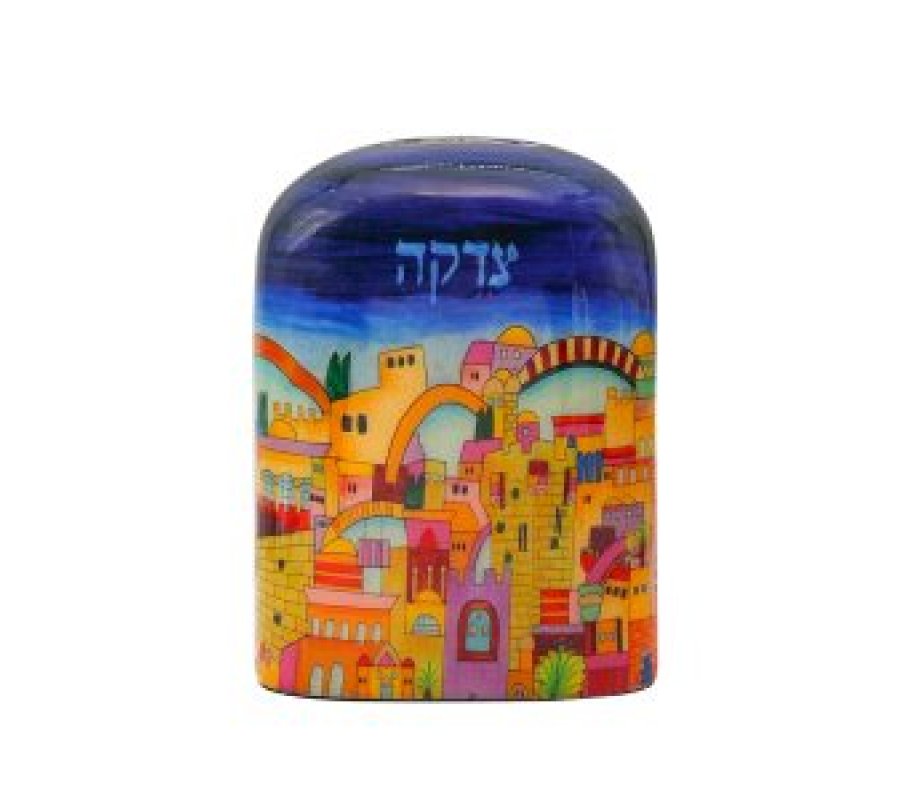Charity Tzedakah Box with Arch Shape, Colorful Jerusalem Design - Yair Emanuel