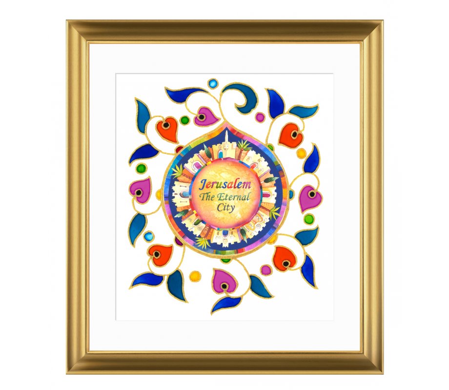 Colorful Jerusalem in English Framed Print, Dvora Black