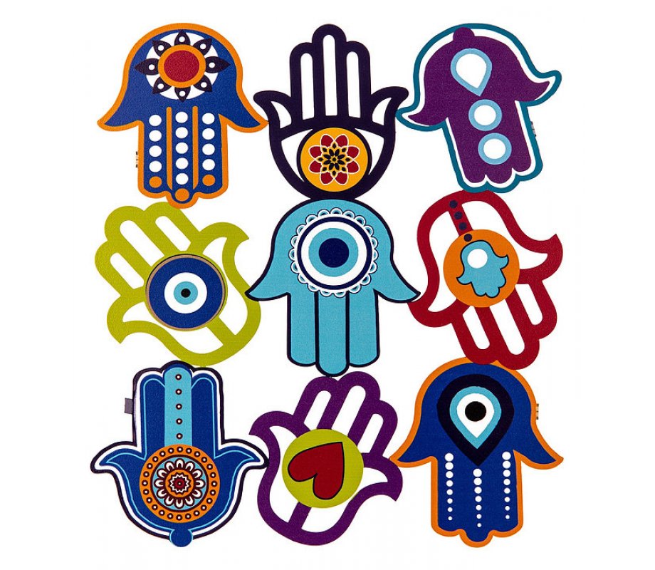 Colorful Wall Plaque with Cutout Variety of Decorative Hamsas - Dorit Judaica