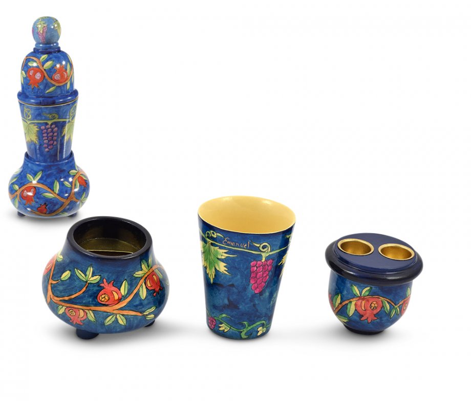 Compact Hand Painted Shabbat Candlesticks and Havdalah Set, Pomegranates - Yair Emanuel