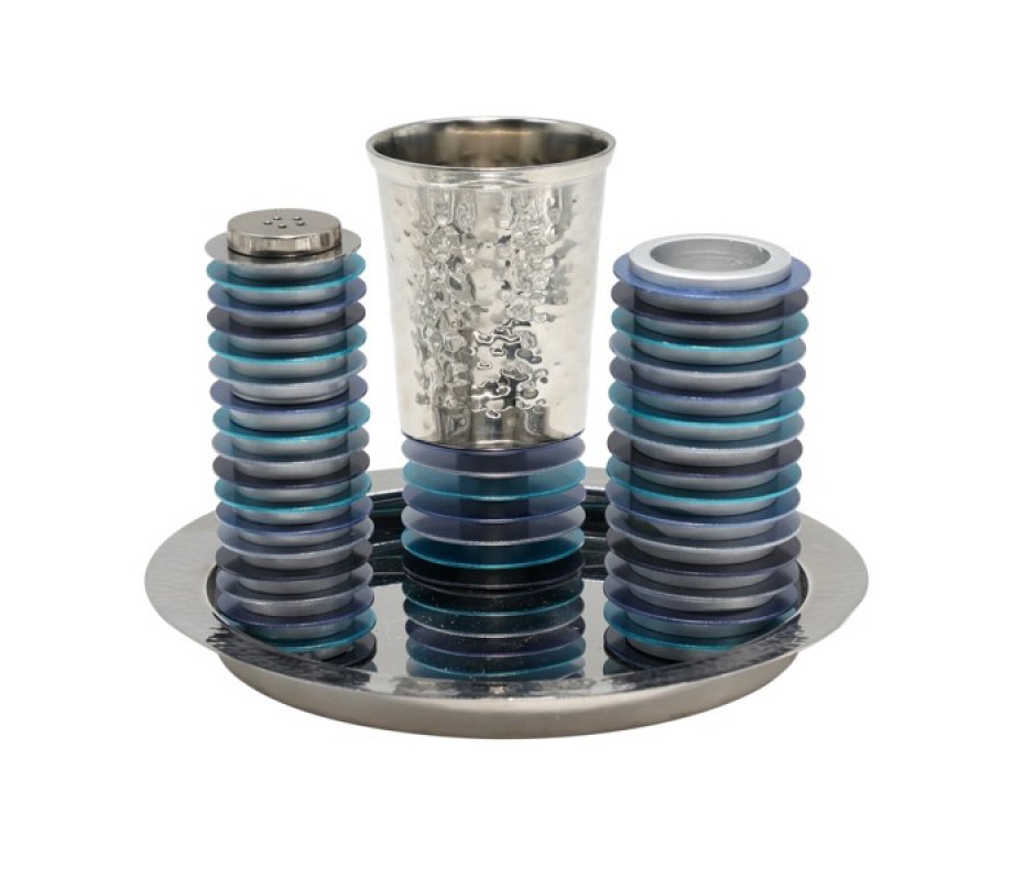 Contemporary 4-Piece Havdalah Set, Blue Stacked Discs - Yair Emanuel