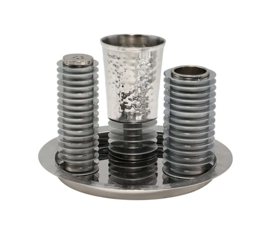 Contemporary 4-Piece Havdalah Set, Gray Stacked Discs - Yair Emanuel