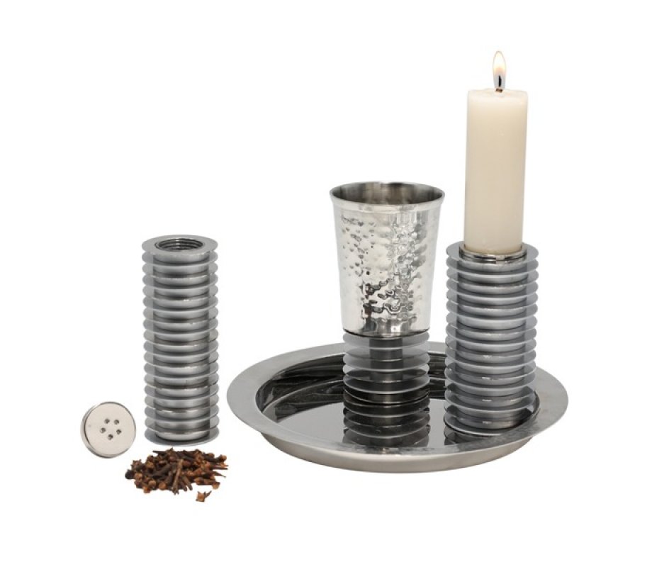 Contemporary 4-Piece Havdalah Set, Gray Stacked Discs - Yair Emanuel