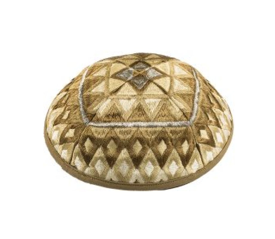 Cotton Poly Kippah with Silk Embroidered Geometrical Shapes, Gold - Yair Emanuel