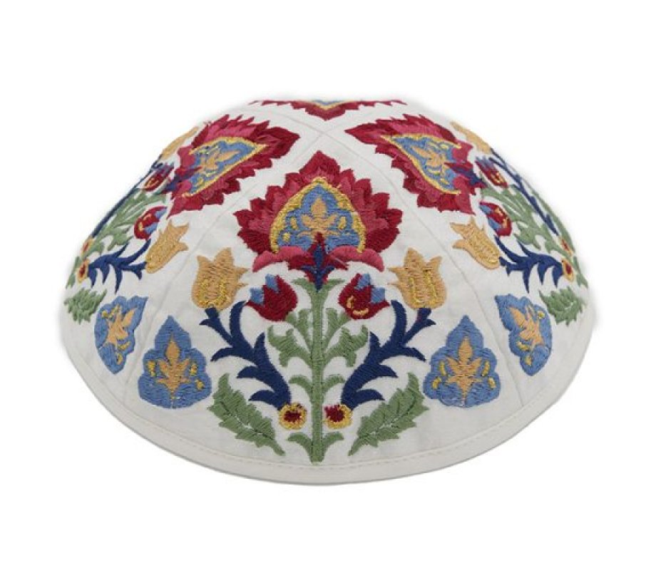 Cotton Poly Kippah with Silk Embroidered Oriental Nature Design, Blue - Yair Emanuel