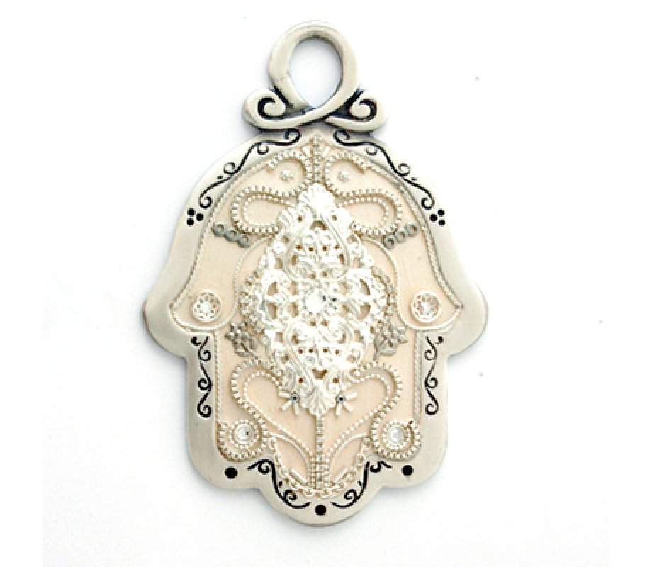 Cream and Silver Color Wall Hamsa in Oriental Style
