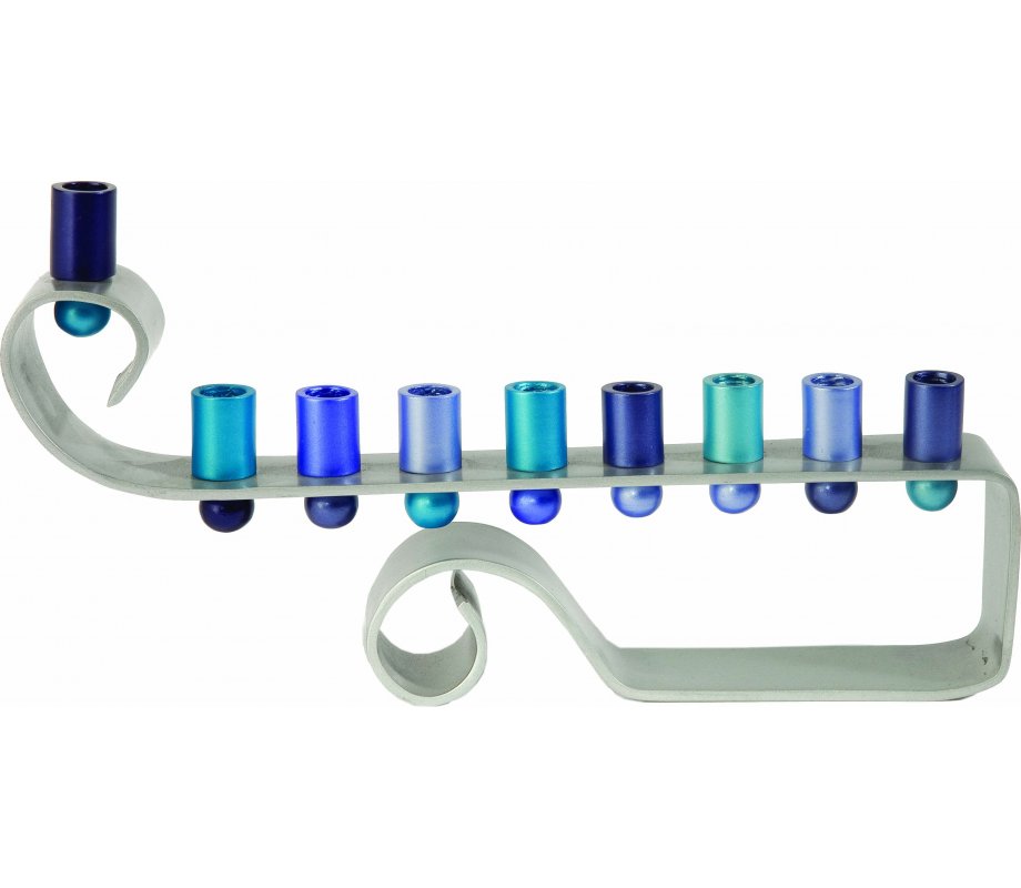 Curling Curves Anodized Aluminum Blue Hanukkah Menorah - Yair Emanuel