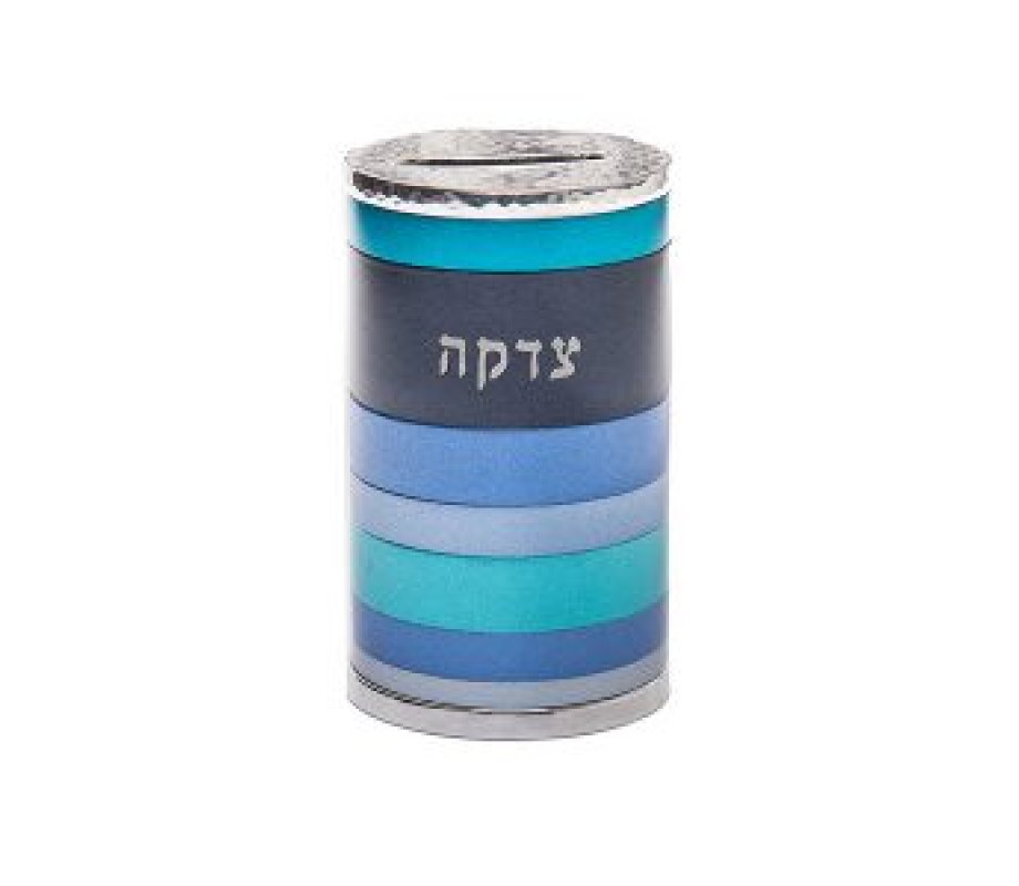 Cylinder Charity Tzedakah Box with Horizontal Bands, Blue - Yair Emanuel