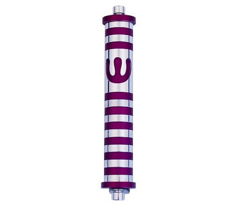 Cylinder Mezuzah Case with Bands and Curving Shin In Dark Colors at 6 Inches - Agayof