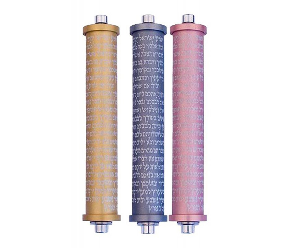 Cylinder Mezuzah Case with Shema Prayer in Light Colors, 5 Inches Height - Agayof