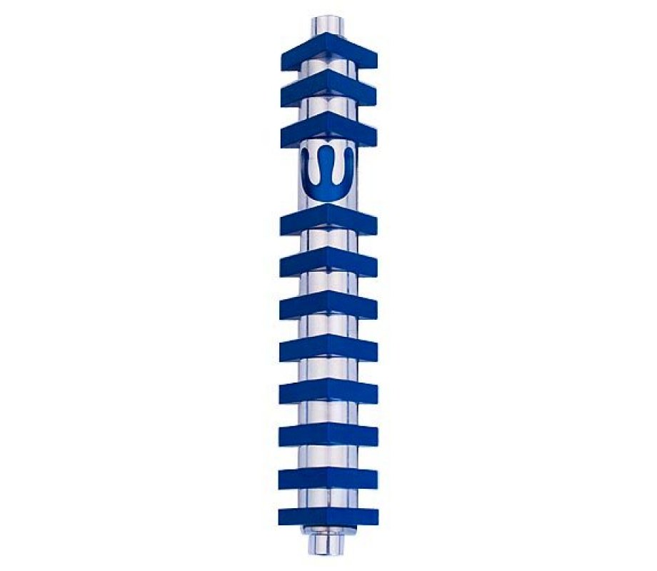 Cylinder Mezuzah Case with Triangles, Dark Colors at 6 Inches - Agayof
