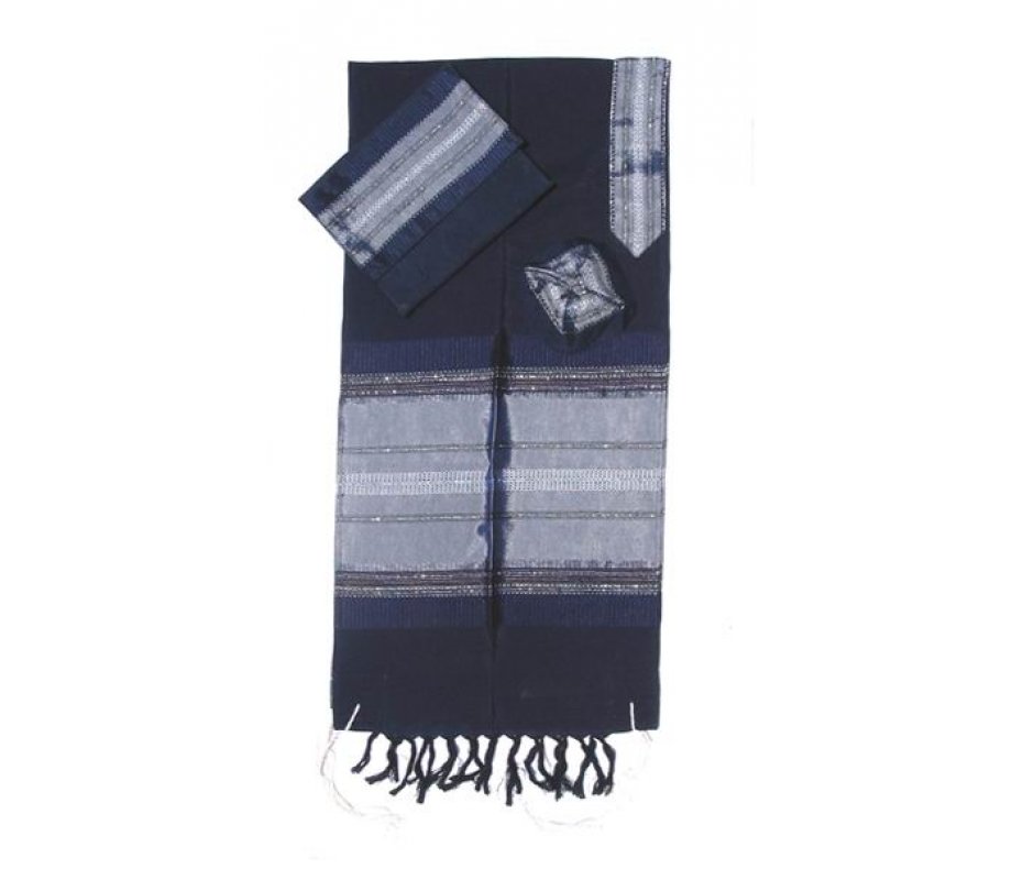 Dark Blue with Silver Stripes Handwoven Silk Prayer Shawl Set - Gabrieli
