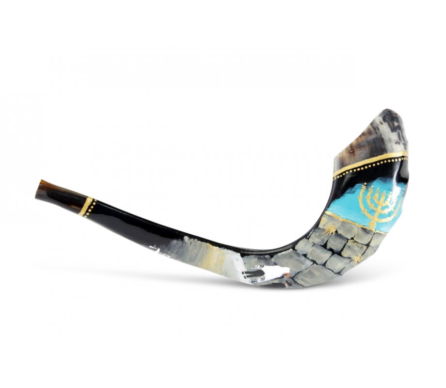 Decorated Hand Painted Ram's Horn Shofar - Western Wall Menorah Design