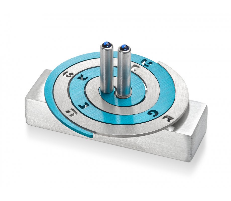 Double Spiral Hanukkah Dreidel Brushed Aluminum, Turquoise and Silver - Adi Sidler