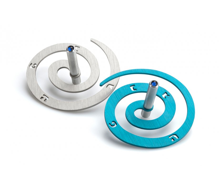 Double Spiral Hanukkah Dreidel Brushed Aluminum, Turquoise and Silver - Adi Sidler