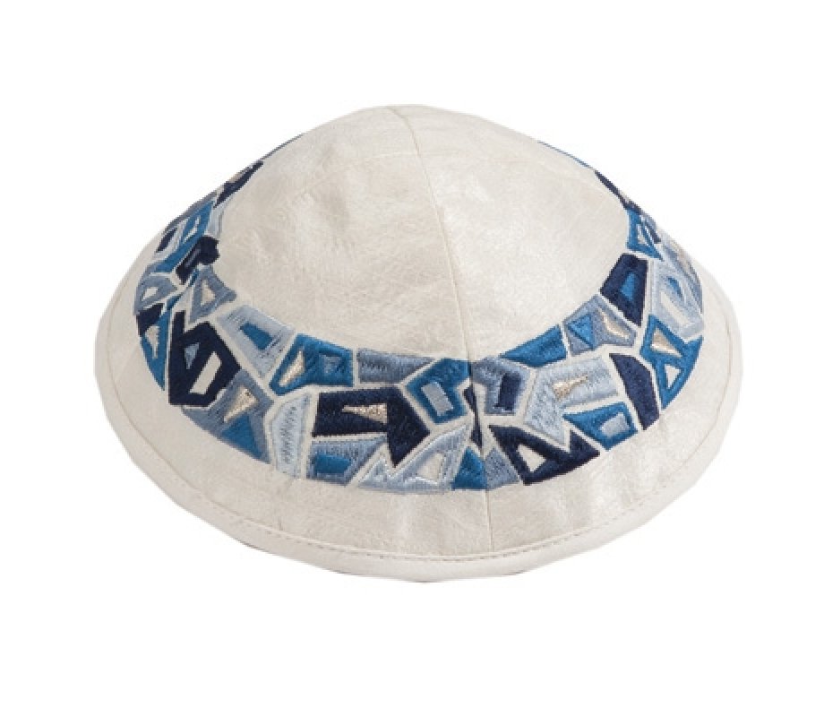 Embroidered Kippah, Blue Geometric Shapes Design on Cream - Yair Emanuel