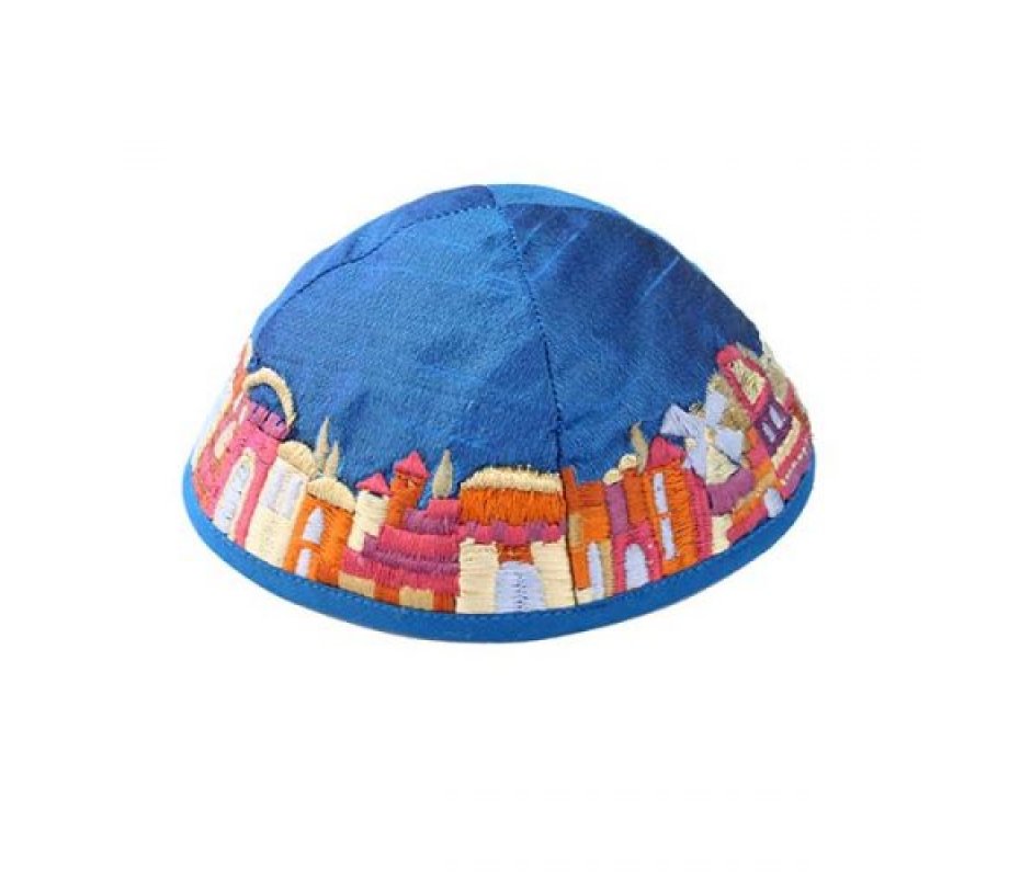 Embroidered Kippah, Colorful Jerusalem Images on Blue - Yair Emanuel