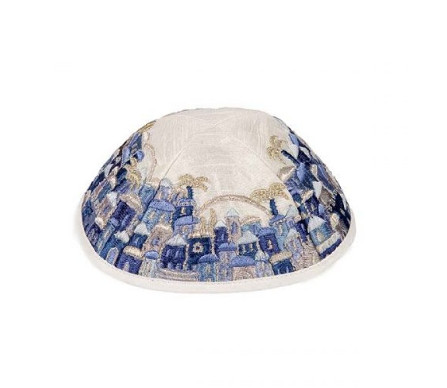 Embroidered Kippah, Jerusalem Vistas in Blue - Yair Emanuel