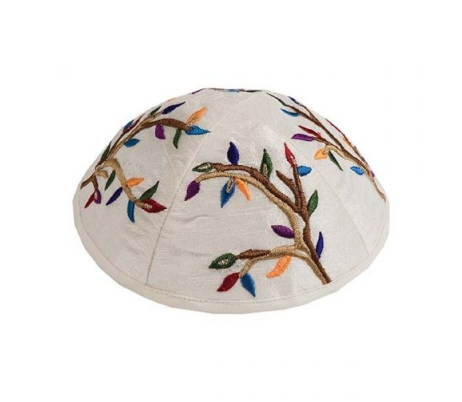 Embroidered Kippah, Tree of Life - Colorful Design on Cream