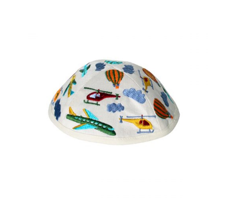 Embroidered Kippah for Children, Airplanes on White - Yair Emanuel
