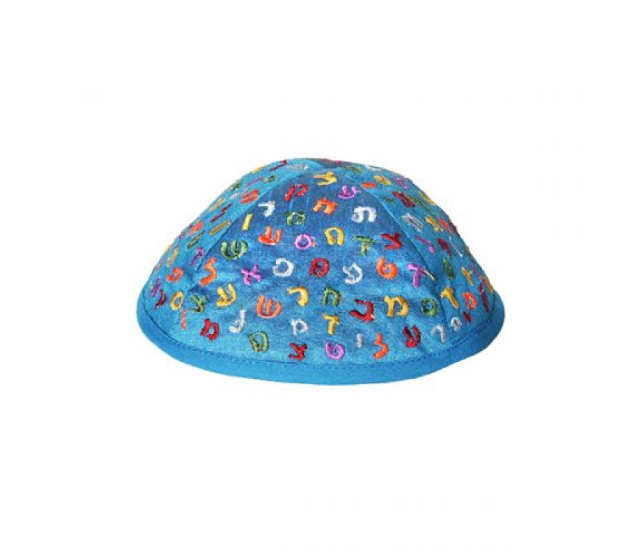 Embroidered Kippah for Children, Colorful Alef Bet Letters on Blue - Yair Emanuel