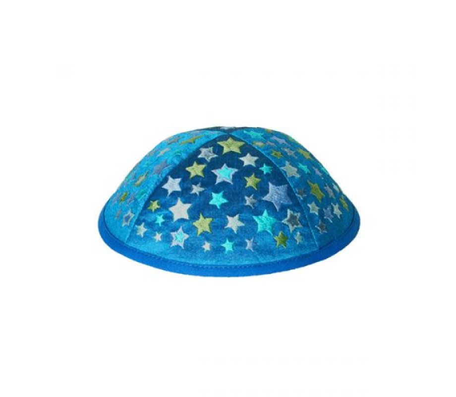 Embroidered Kippah for Children, Colorful Stars on Blue - Yair Emanuel