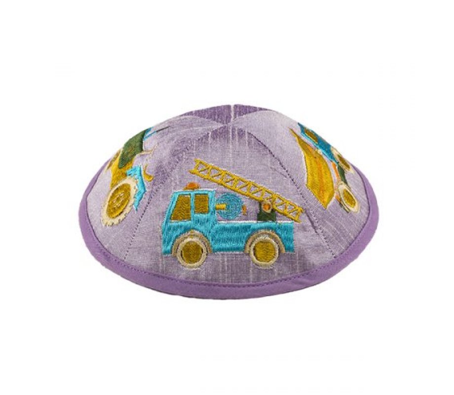 Embroidered Kippah for Children, Colorful Trucks on Lilac - Yair Emanuel