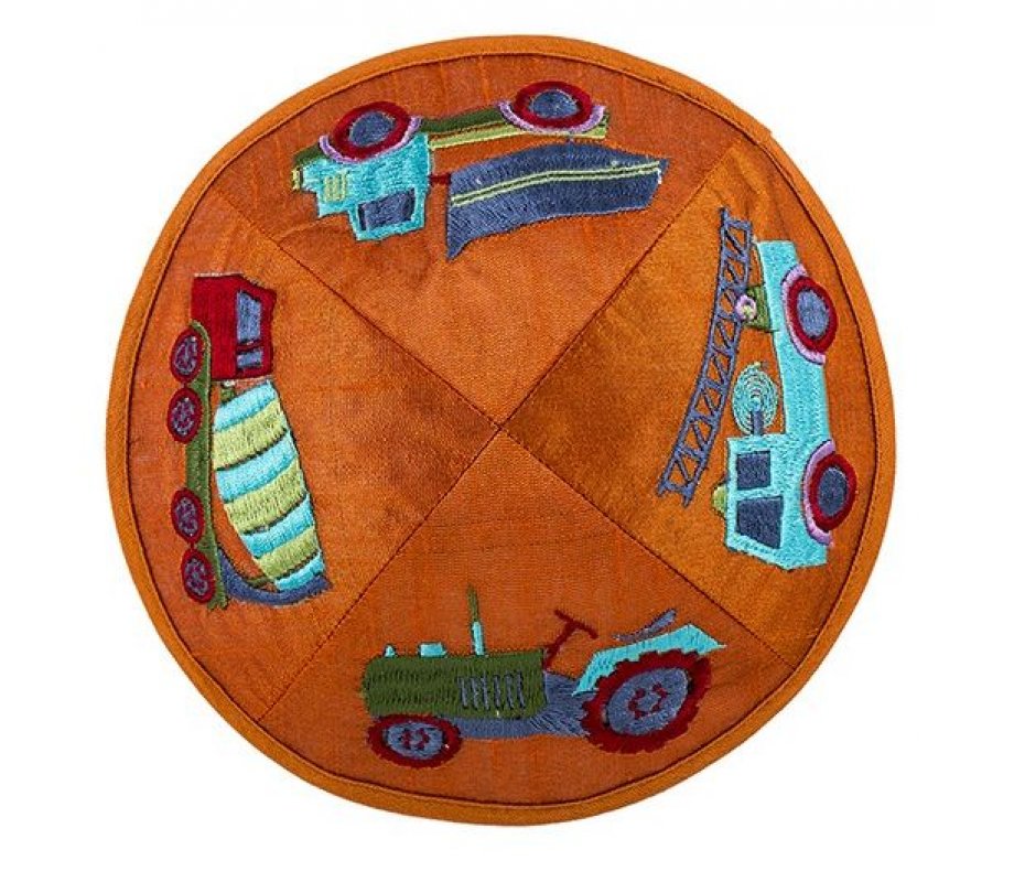 Embroidered Kippah for Children, Colorful Trucks on Orange - Yair Emanuel
