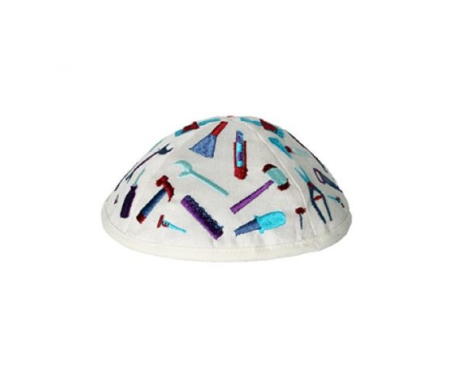 Embroidered Kippah for Children, Tools on White - Yair Emanuel