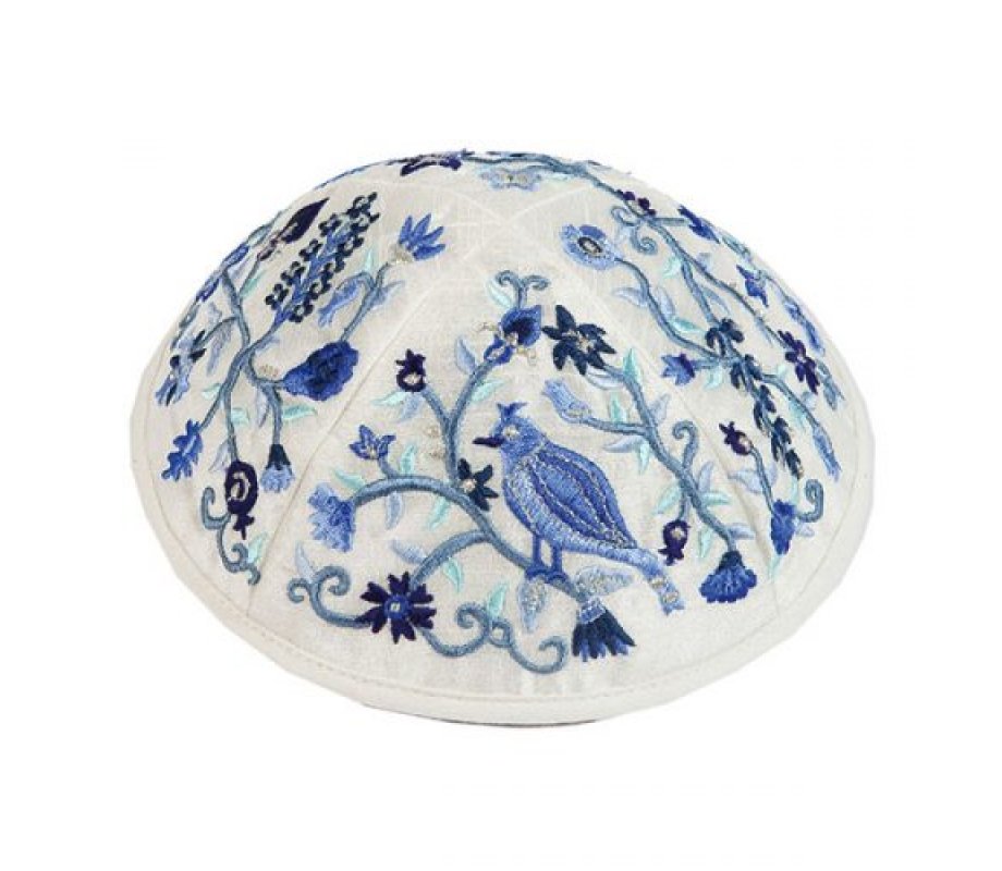 Embroidered Kippah with Birds and Flowers, Blue - Yair Emanuel