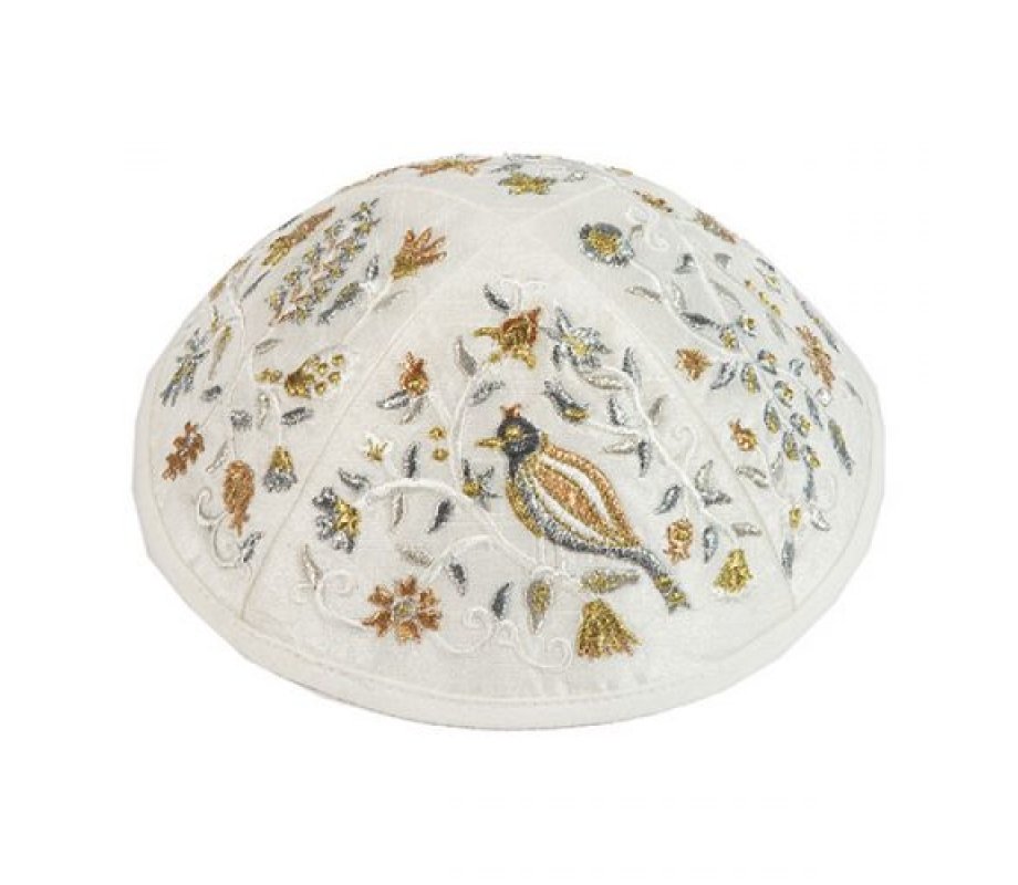 Embroidered Kippah with Birds and Flowers, Gold and Silver - Yair Emaneul