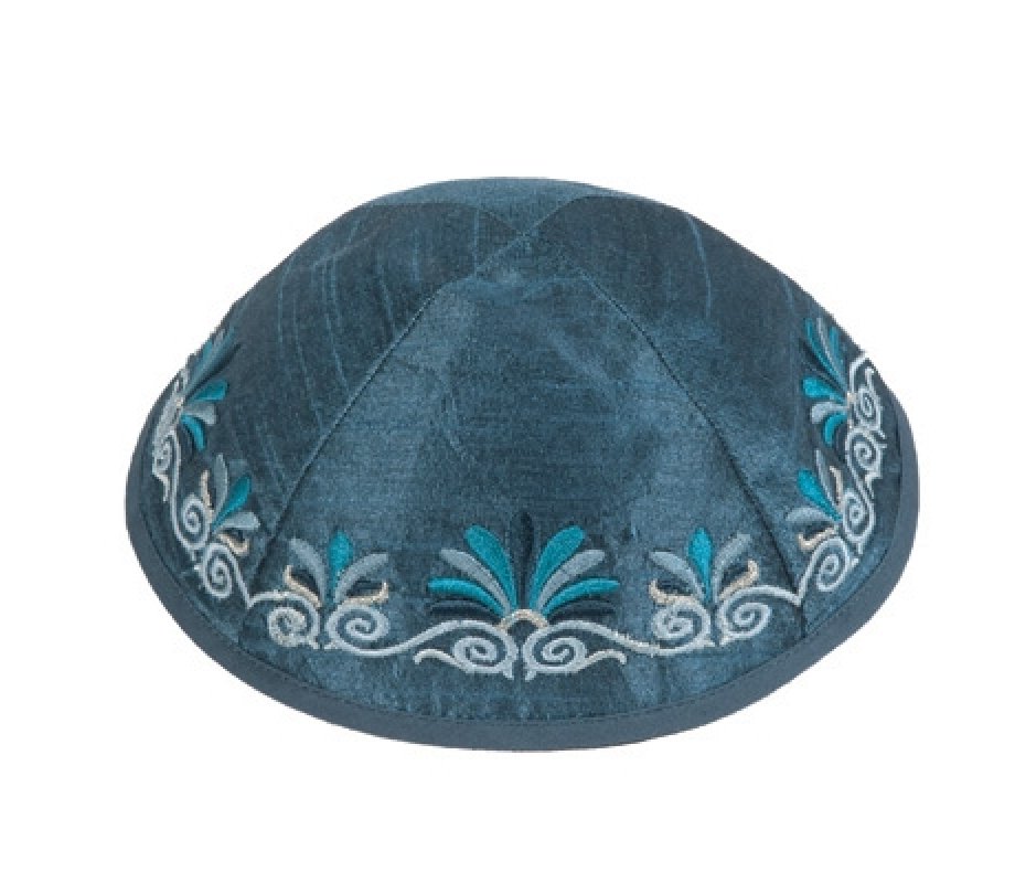Embroidered Kippah with Date Palm Design, Blue - Yair Emanuel