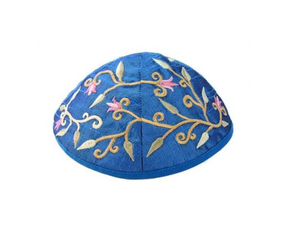 Embroidered Kippah with Flowers and Leaves, Blue - Yair Emanuel