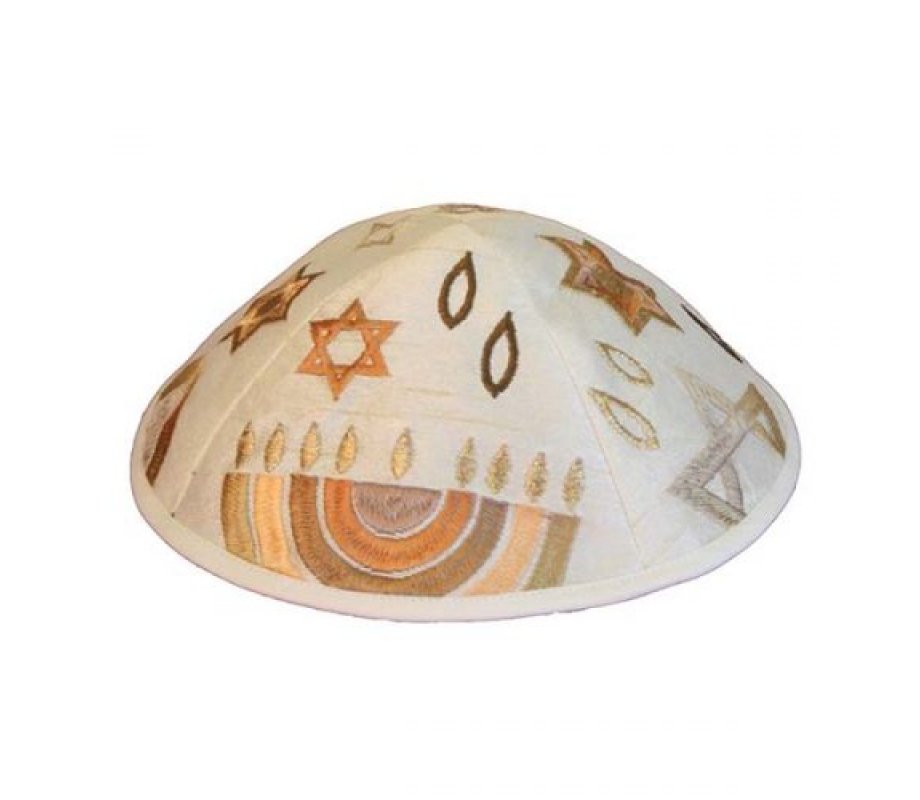 Embroidered Kippah with Hanukkiah, Star of David and Flame in Gold - Yair Emanuel