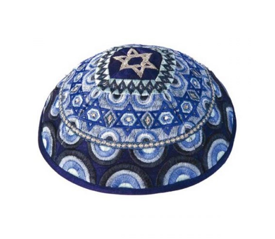 Embroidered Kippah with Stars of David Decoration, Blue - Yair Emanuel