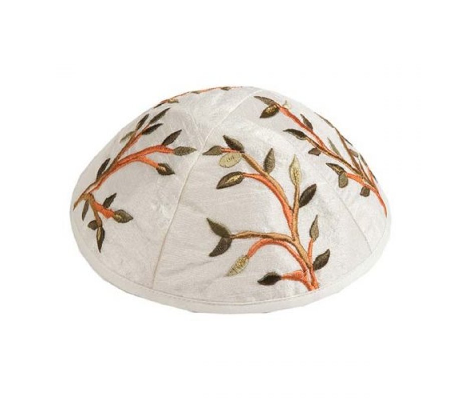 Embroidered Kippah with Tree of Life Design in Gold and Shades of Green - Yair Emanuel