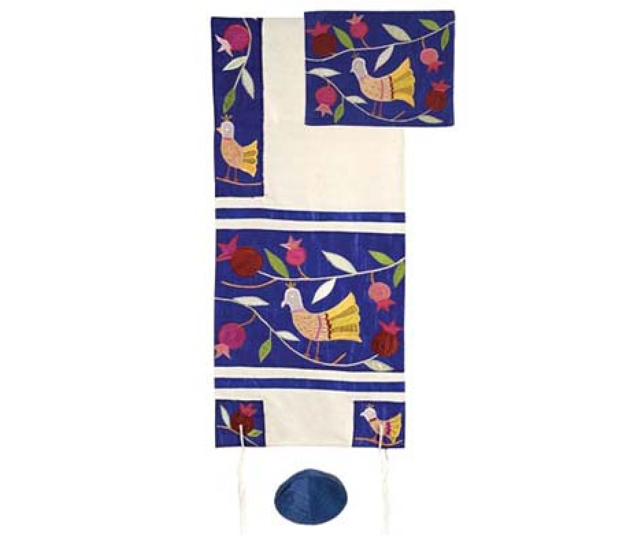 Embroidered Raw Silk Tallit Set, Pomegranates and Birds, Blue - Yair Emanuel