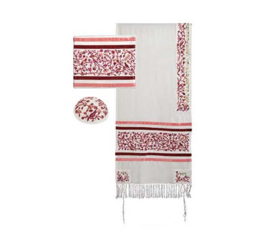 Embroidered Silk Cotton Tallit, Trees Birds and Matriarchs, Maroon - Yair Emanuel