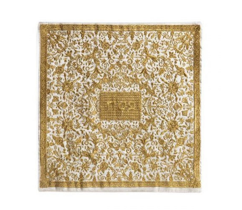 Embroidered Silk Floral Matzah & Afikoman Cover, Gold, Sold Separately - Yair Emanuel