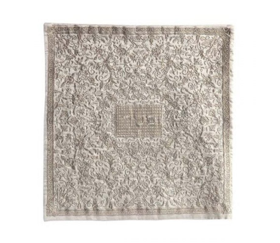 Embroidered Silk Floral Matzah & Afikoman Cover, Silver, Sold Separately - Yair Emanuel
