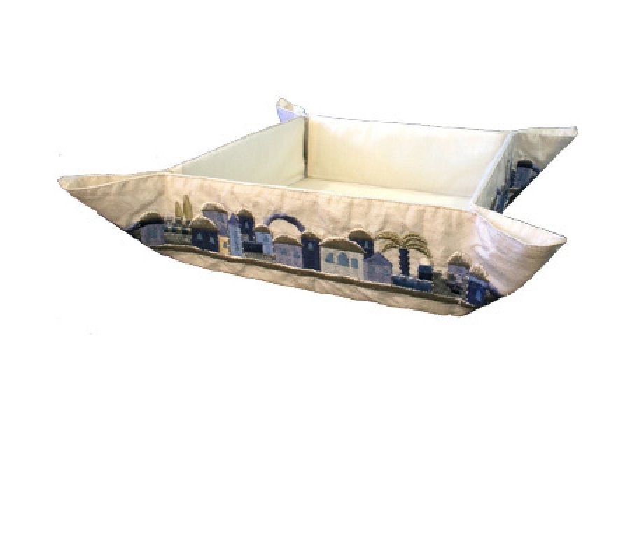 Embroidered Silk Matzah or Bread Basket, Jerusalem Design - Yair Emanuel