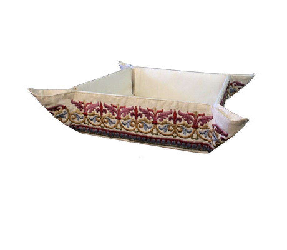 Embroidered Silk Matzah or Bread Basket with Curving Leaves Design - Yair Emanuel