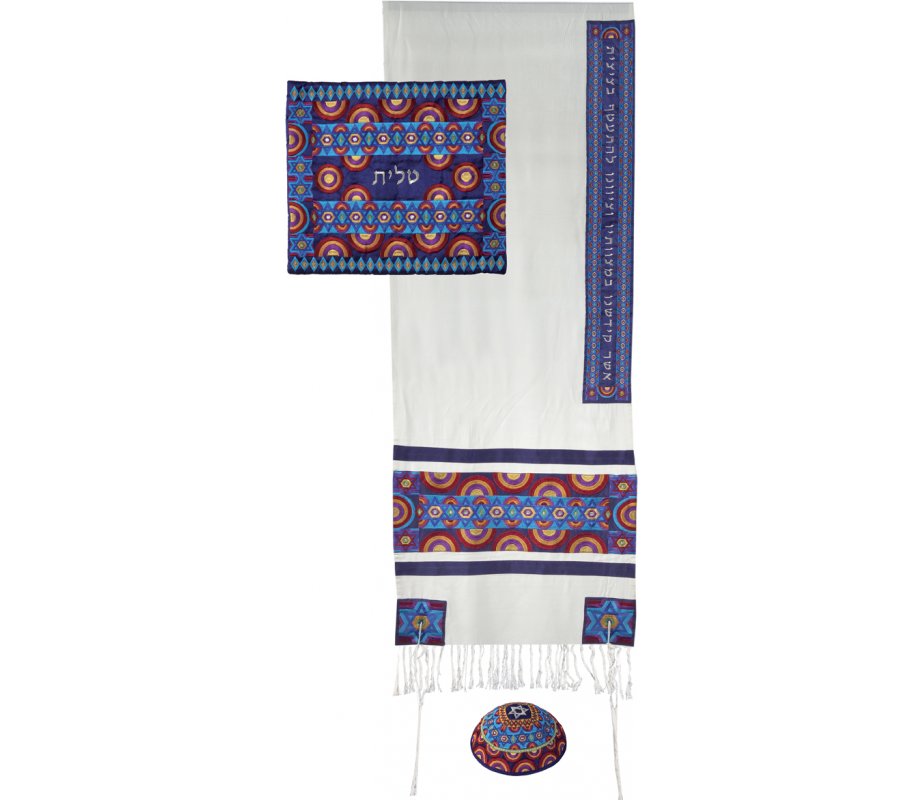 Embroidered Silk and Cotton Tallit Set, Blue and Red Stars of David - Yair Emanuel